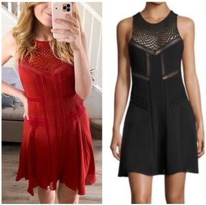 ALC Sz 2 Black 100% Silk Crochet Yoke Pintuck Mini Fit and Flare Dress